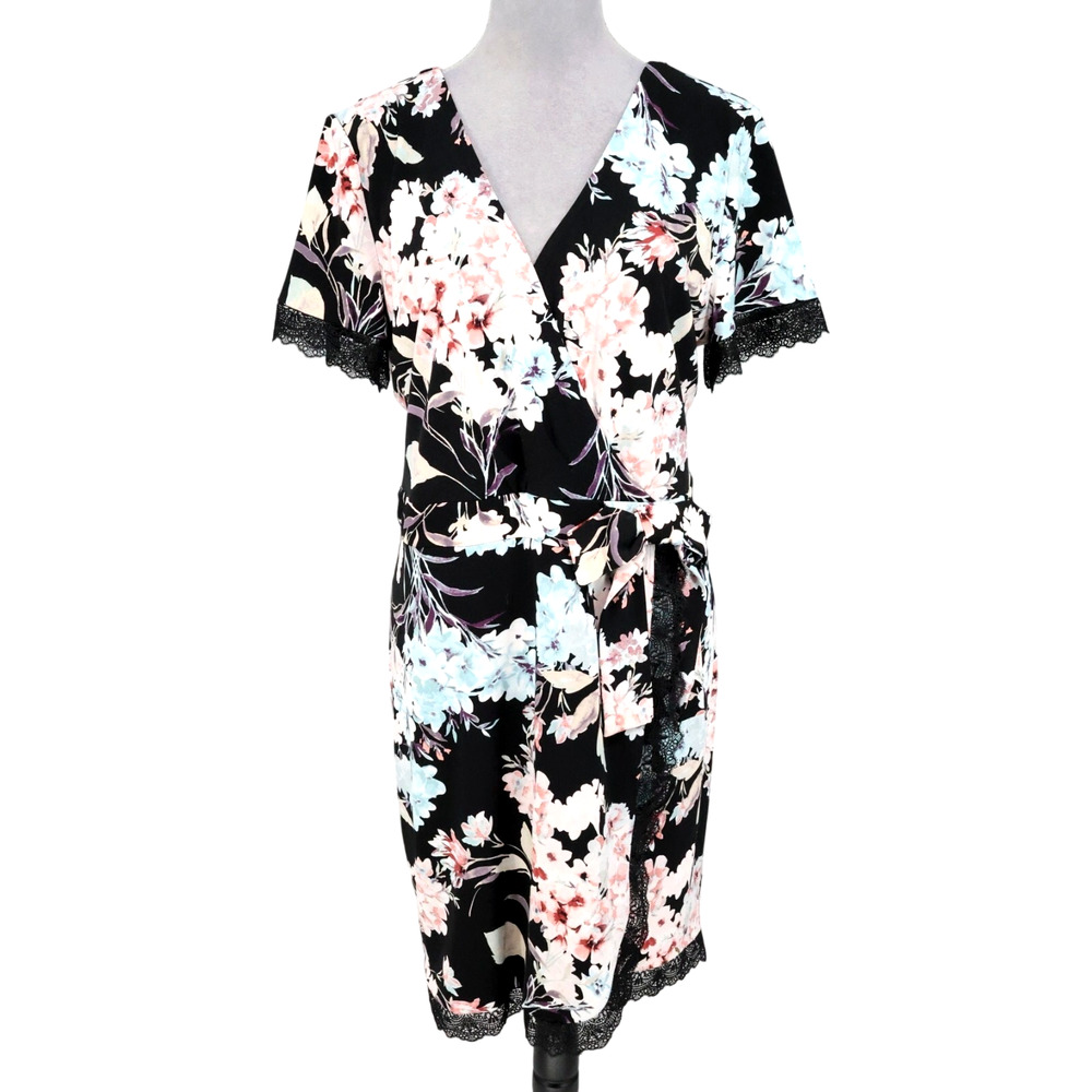 Karl Lagerfeld Dress Womens 16 Black Pink Floral Stretch Knit Lace Trim Lined